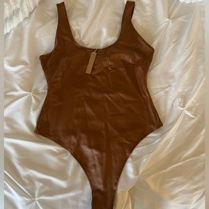 Skims Faux Leather Scoop Bodysuit